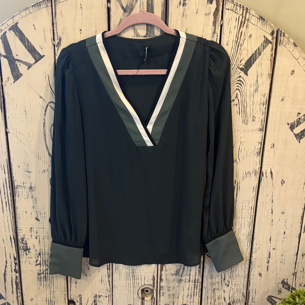 Express Dark Green Blouse with White Trim